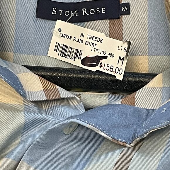 NWT $158 Blue / Tan Tartan Plaid Shirt STONE ROSE M - Picture 6 of 6